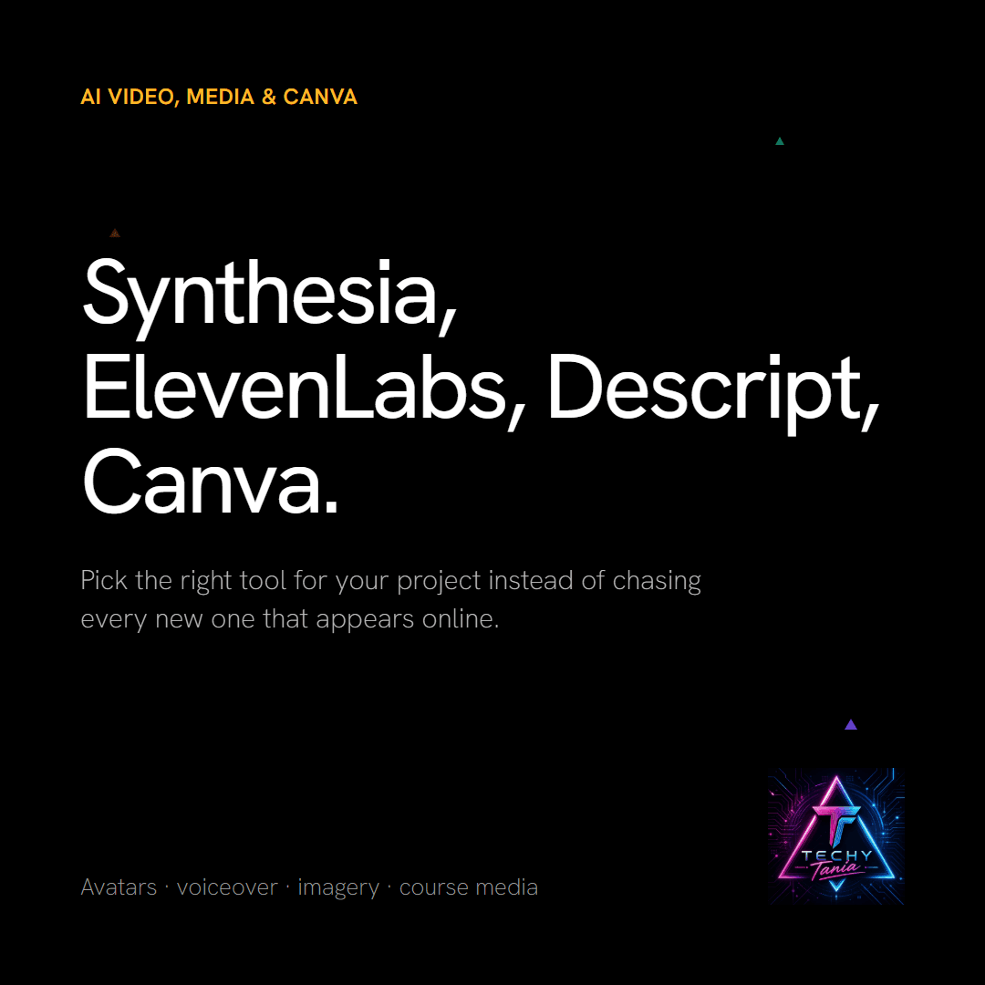 AI video, media & Canva — Synthesia, ElevenLabs, Descript, Canva.