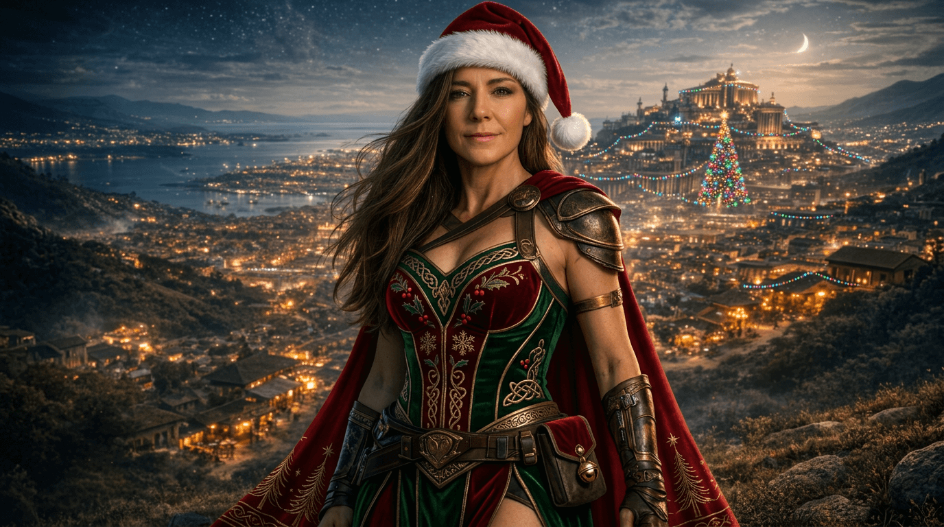 Techy Tania in festive gear, overlooking a holiday-lit city
